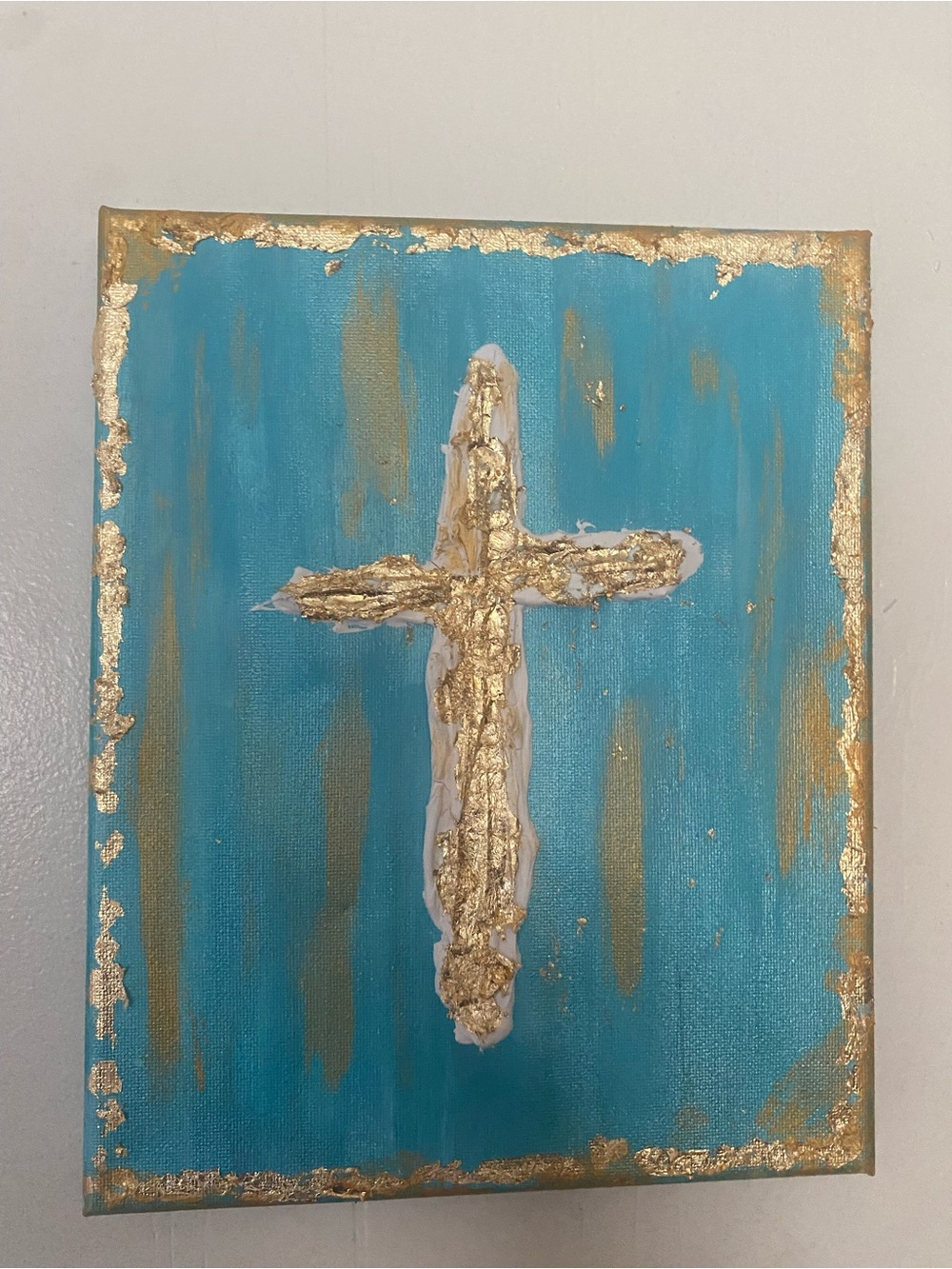 Handmade Gold Cross Wall Art in Teal by